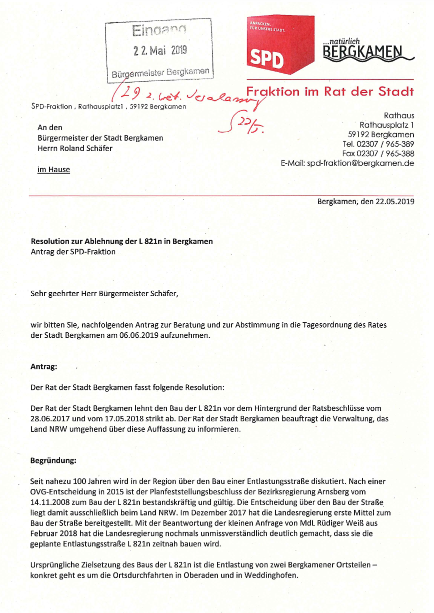 Resolution der SPD-Fraktion Bergkamen vom 22.05.2019 zur strikten Ablehnung der L821n.